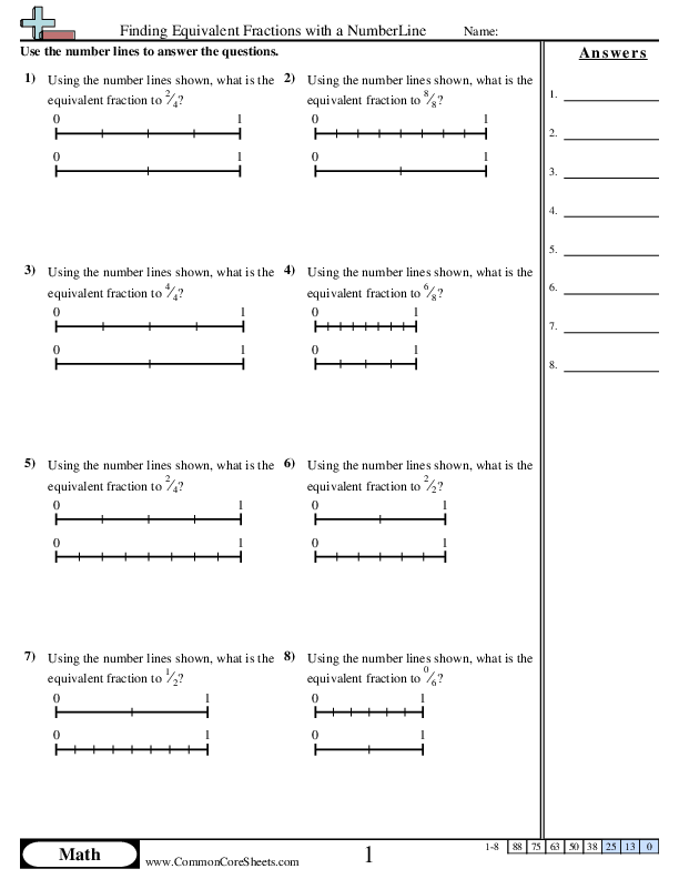 Fraction Worksheets - Equivalent Fractions With Numberlines worksheet
